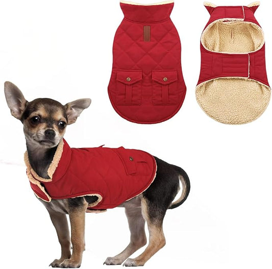ASENKU Warm Dog Winter Coat, Waterproof Dog Coat for Cold Weather, Fleece Dogs Jacket with Ultra Thick Plush Lining Leash Hole Storage Pockets for Small Dogs (Red, X-Small)