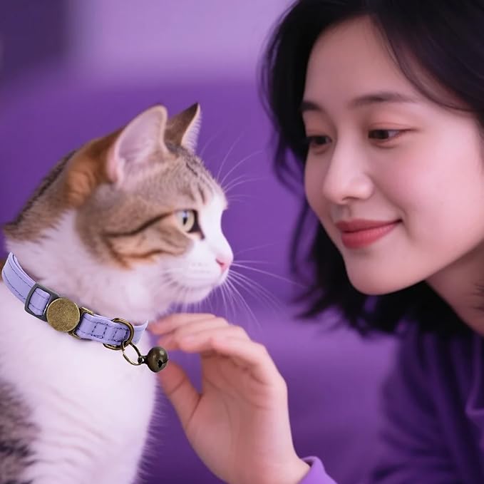 Cat Collar Breakaway, Personalized Leather Cat Collar with Bells-Adjustable Customized Collar with Name & Phone Number Tag for Girl Boy Cats-Quick Release Buckle for Cats & Kittens(Purple)