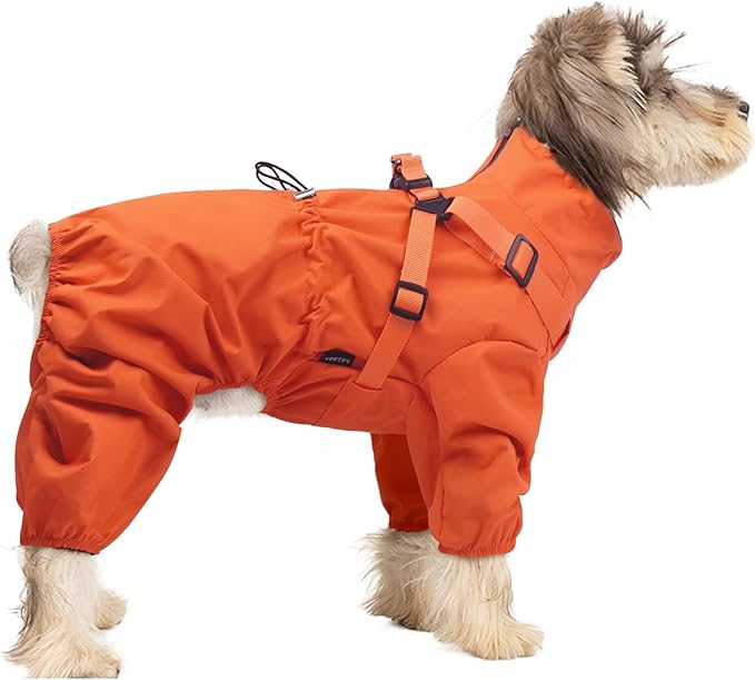 BRKURLEG Dog Raincoat for Small Dogs, Small Dog Rain Jacket with Harness Built in, Waterproof 4 Legs Pet Raincoats, Puppy Outdoor Jacket with Reflective Strip, Orange, S
