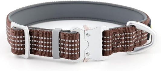 Plutus Pet Reflective Dog Collar with Aviation Aluminum Buckle, Neoprene Padded for Comfort, Lightweight, Heavy Duty Nylon Collar for Puppy Small Medium Large Dogs (Chocolate, M)