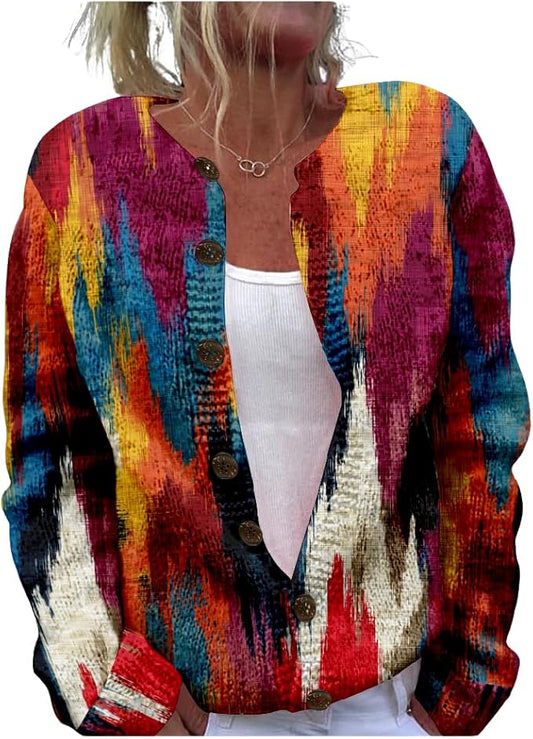 HOTYD Aztec Print Cardigans Sweaters for Women Crewneck Graphic Button Cardigan Casual Chunky Knit Sweater Fall Outfits