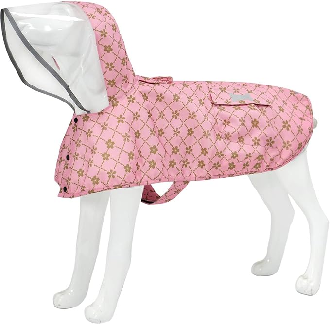 Waterproof Dog Raincoat, Adjustable Reflective Lightweight Pet Rain Clothes with Poncho Hood (Gold Cheery Blossoms Pink, Large)