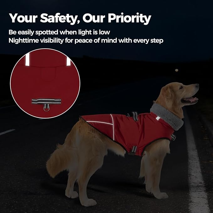 Mihachi Dog Coat for Large Dogs, Warm Dog Winter Coat Waterproof Dogs Jacket with Harness Built in Reflective Pet Fleece Vest, Puppy Cold Weather Coats Turtleneck & Windproof Pet Snowsuit, Red XL