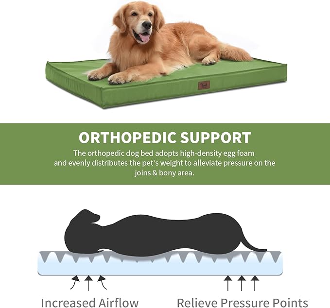 Outdoor Extra Large Dog Bed, Jumbo Waterproof Dog Bed for Large Dogs, Orthopedic Egg Crate Foam Pet Mat with Removable Oxford Cooling Cover, Light Green