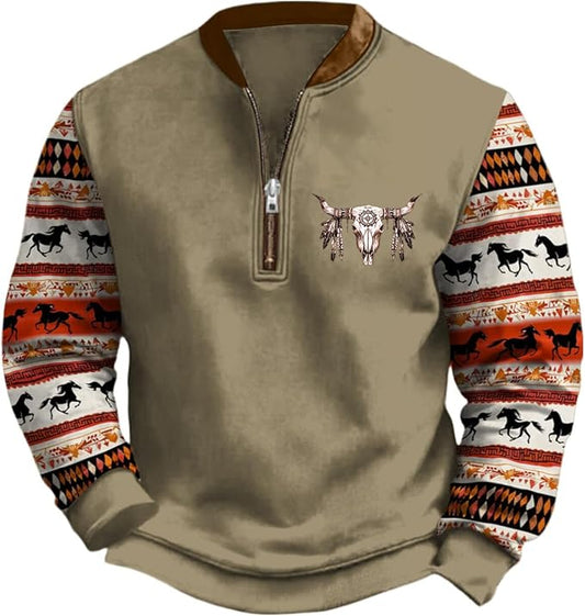 HOTYD Aztec Cowboy Jacket Men Vintage Bullhorn Printed Oversized Western Sweatshirt Long Sleeve Quarter Zip Pullover
