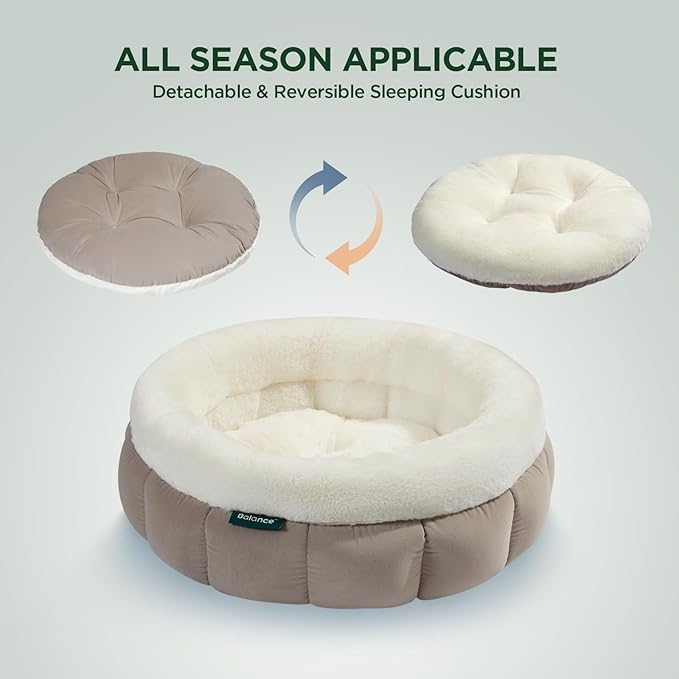 BALANCE Cat Beds for Indoor Cats, Washable Round Cat Bed, Cute Kitten Bed with Anti-Slip Bottom for Kitty and Puppy, 18 Inches, Goat