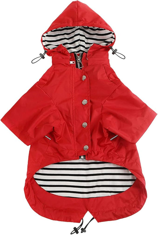 Dog Zip Up Raincoat with Reflective, Rain/Water Resistant, Adjustable Drawstring, Removable Hood, Raincoats with Legs 8lbs to 80lbs Available - Red - Small