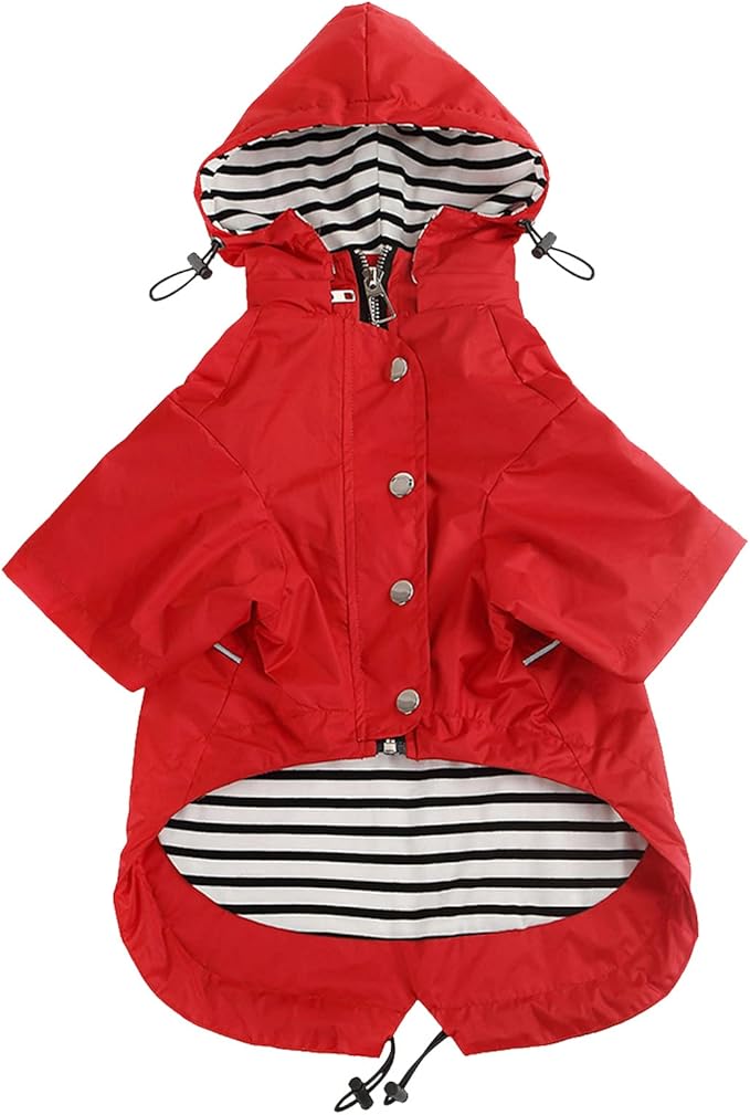 Dog Zip Up Raincoat with Reflective, Rain/Water Resistant, Adjustable Drawstring, Removable Hood, Raincoats with Legs 8lbs to 80lbs Available - Red - Large