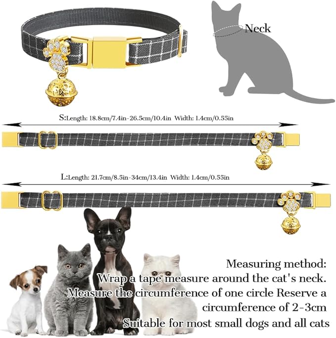 Personalized Breakaway Cat Collars - Magnetic Buckle, Bell - Safety Quick Release, Customized for Girls & Boys Cats- (Checkered-Grey)