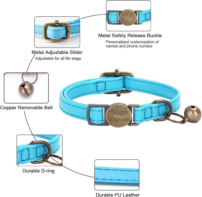 Cat Collar Breakaway, Personalized Leather Cat Collar with Bells -Adjustable Customized Collar with Name & Phone Number Tag for Girl Boy Cats -Quick Release Buckle for Cats & Kittens (Blue)