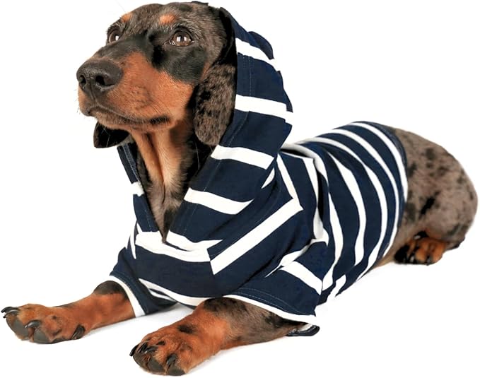 DJANGO Dog Hoodie – Warm, Lightweight, Soft & Stretchy Dog Sweater with Hood, Harness Hole & Elastic Waistband – Cozy Sweatshirt for Small Dogs up to 25 lbs, Dachshunds & Puppies – Navy Blue, Medium