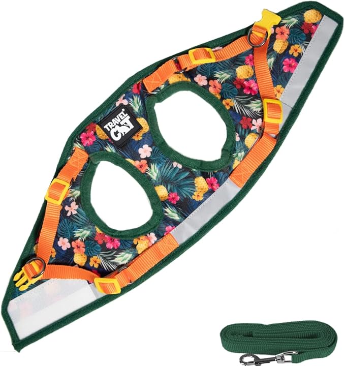 Travel Cat Harness and Leash Set - Adjustable Fit Mesh Cat Harness and Reflective Strap - Comfort Walking Vest for Kitten for Outdoor Walking, Hiking (XS, Hawaiian)