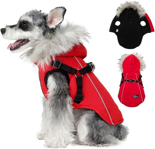 PINA Winter Coat with Waterproof Fabric, Warm Dog Jacket with Faux Fur Hood, Reflective Strap for Small to Large Dogs, Red, M