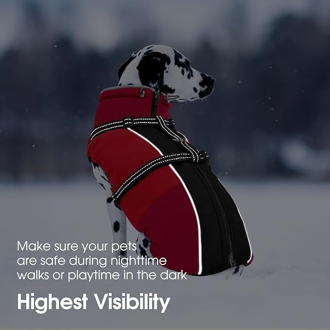 SUNFURA Large Dog Coat with Harness Built in, Warm Dog Jacket Waterproof Pet Winter Coat Snowsuit for Cold Weather, Reflective Fleece Jacket for Large Dogs, Border Collie, Red XL