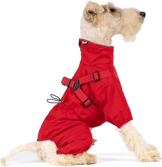 Mile High Life Waterproof Dog Raincoat, Full Coverage Small Dog Rain Coat with Harness, Adjustable 4 Legs Puppy Rain Jacket with Reflective Strip and Elastic Cuffs (Red, M Back Length 14.6")