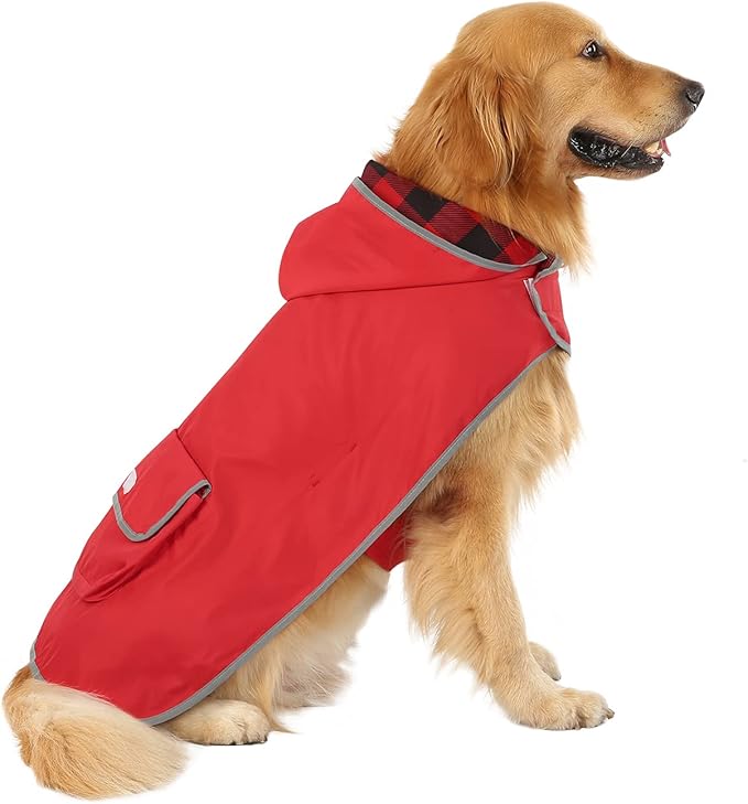 HDE Reversible Dog Raincoat Hooded Slicker Poncho Rain Coat Jacket for Small Medium Large Dogs Buffalo Plaid Red - L