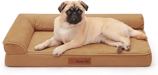 Orthopedic Dog Bed Medium Size Dog, Memory Foam Pet Bed for Small and Medium Dogs, Removable and Washable Microsuede Cover, TPU Waterproof Liner, Nonskid Bottom, 35x23x6 Inches, Khaki