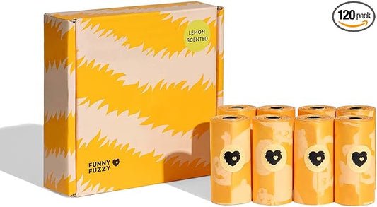 FUNNY FUZZY Dog Poop Bags – Leak proof, Tear-Resistant Pet Waste Bags Made with EPI Material, Easy to Open for Walks or Travel, Lemon Scented, 120 Count