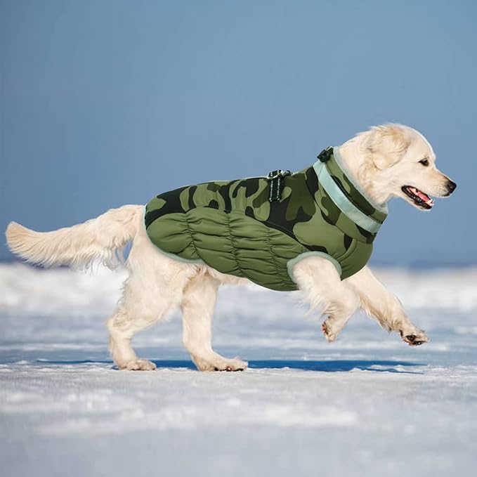 Lelepet Dog Coat Warm Dog Winter Coat Waterproof Dogs Jacket with Harness Built in Reflective Pet Fleece Vest Zip-Up Cold Weather Coats for Medium Dogs Turtleneck & Windproof Dachshund Green Camo M