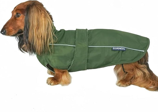 DJANGO Dog Jacket & Raincoat – Lightweight Water-Resistant Coat for Small, Medium & Long Dogs Like Dachshunds – Reflective, Adjustable Fit, Harness-Compatible & Easy-Access Harness Hole - Green Medium