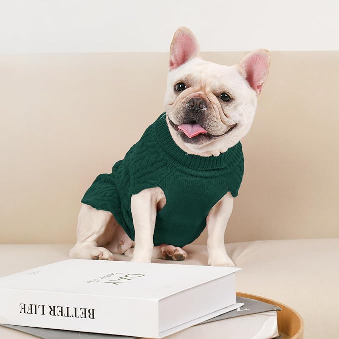 2 Pack Dog Sweaters for Medium Dogs Turtleneck Pullover Cable Knit Stretch Clothes French Bulldog Dachshund Boston Terrier Corgi Beagle Pug Boy Girl Pets Winter Clothes (M, Green & Brown)