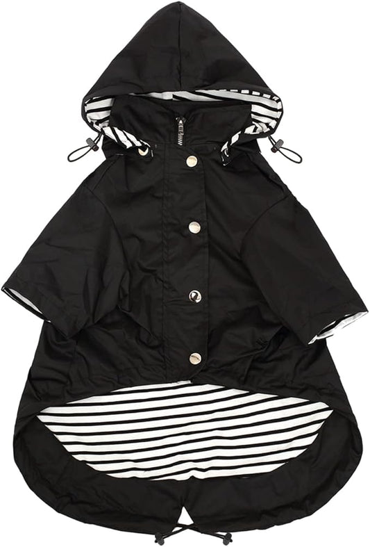 Morezi Dog Zip Up Raincoat with Reflective Buttons, Rain/Water Resistant, Adjustable Drawstring, Removable Hood, Raincoats with Legs 8lbs to 80lbs Available - Black - XL