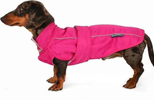 DJANGO Dog Jacket & Raincoat – Lightweight Water-Resistant Coat for Small, Medium & Long Dogs Like Dachshunds – Reflective, Adjustable Fit, Harness-Compatible & Easy-Access Harness Hole - Pink, Small