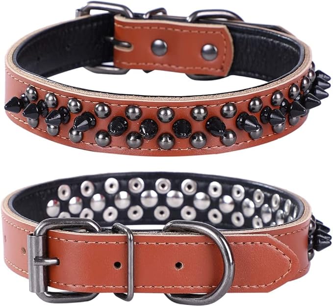 Adjustable Genuine Leather Spiked Studded Dog Collars for Small Medium Large Pets Like Pit Bull Bulldog Pugs Husky (L, Brown1)