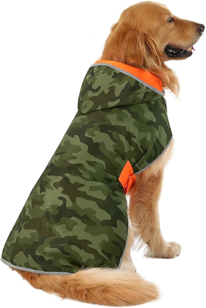 HDE Reversible Dog Raincoat Hooded Slicker Poncho Rain Coat Jacket for Small Medium Large Dogs Camo Orange - XL