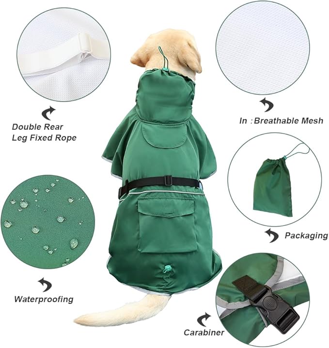 Reflective Dog Raincoat Waterproof Adjustable Dog Hooded Poncho Raincoat for Medium Large Dogs, Lightweight Pet Rain Jacket (Green, XL)