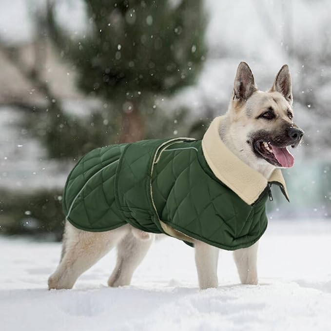 Kuoser Super-Warm Dog Coat, Windproof Cold Weather Coats for Extra Large Dogs, Fleece Lining Turtleneck Dog Snow Jacket with Reflective Strips Thermal Pet Winter Clothes, Green 2XL