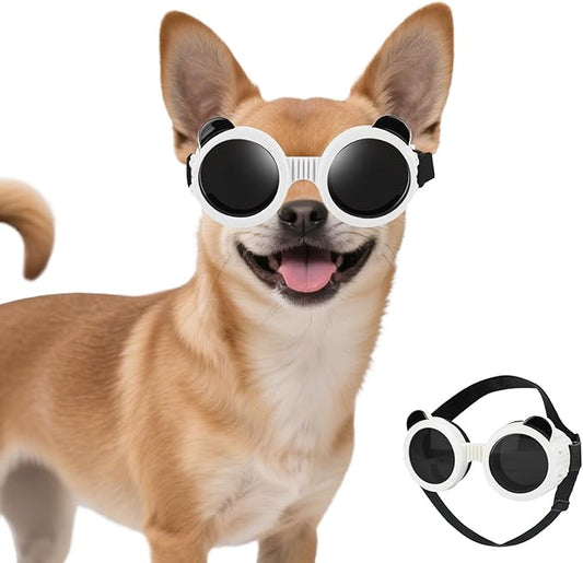 Dog Sunglasses for Small Breed, Small Dog Goggles for Puppy Cats, Goggles Eye Protection Windproof Dustproof Anti-UV with Adjustable Straps Pet Glasses Outdoor, Black-White