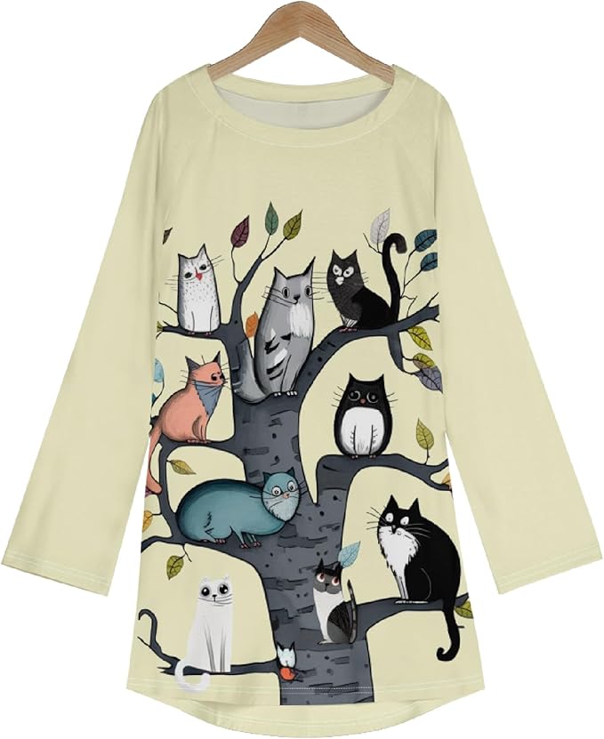 Womens Tunic Shirt Cute Cat Print Long Sleeve Round Neck Women T Shirts Cotton Casual Plus Size Vacation Tunics Tops