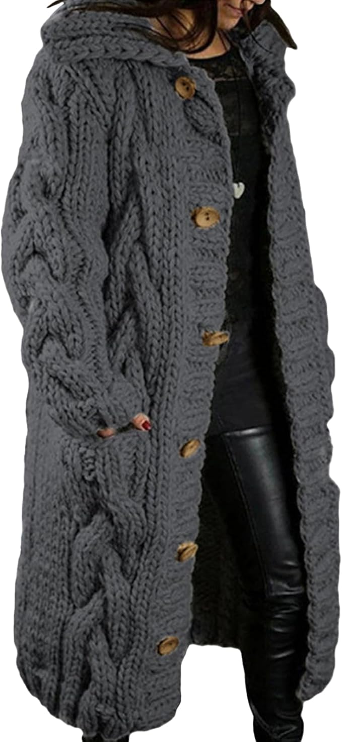 LOAIHA Women Chunky Cable Knit Long Sleeve Cardigan Fall Winter Trendy Oversized Button Down Sweaters Outerwear with Pocket