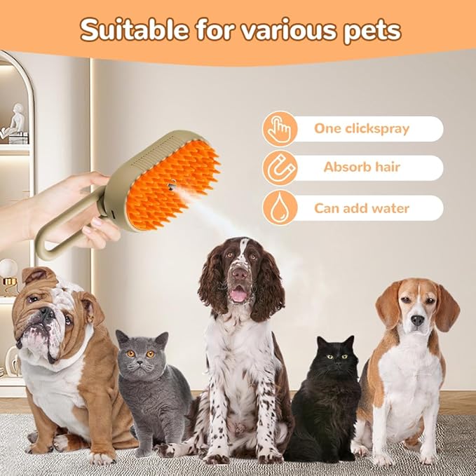 2025 New Cat Steam Brush, 3 in 1 Pet Steam Groomer Comb, Rechargeable Pet Steam Groomer Brush for Massaging and Cleaning Shedding Pets Hair, Anti-Static Hair Removal Comb for Cats Dogs (Khaki+White)