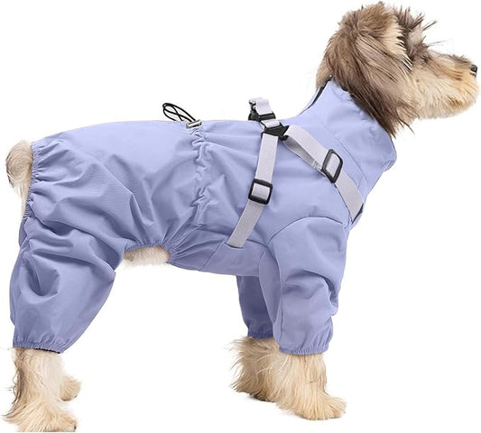 BRKURLEG Dog Raincoat for Small Dogs, Small Dog Rain Jacket with Harness Built in, Waterproof 4 Legs Puppy Raincoats, Puppy Outdoor Jacket with Reflective Strip, Purple, L