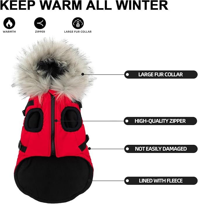 PINA Dog Winter Coat Winter Jacket with Waterproof Fabric, Faux Fur Hood, Reflective Strap for Small Medium Large Dogs, Red, 3XL