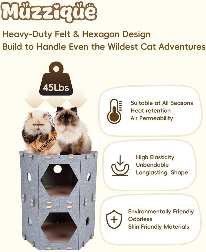 Large Cat House for Indoor Cats&Small Dogs, w/Hair Brush, DIY Expandable Felt Pet Tunnel Castle, Modular Multi Layer Kitten Nest, Peekaboo Kitty Cave, 3 Perch Puppy Bed Furniture, 3 Tier XL Platform