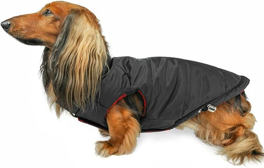 DJANGO Reversible Puffer Dog Coat – Warm Winter Dog Jacket & Water-Repellent Insulated Dog Coat with Harness Hole, Windproof, Adjustable Fit Vest for Small & Medium Dogs, Dachshunds – Black, Large