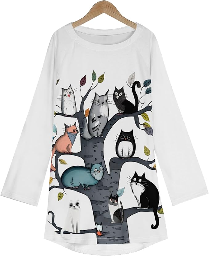 Womens Tunic Shirt Cute Cat Print Long Sleeve Round Neck Women T Shirts Cotton Casual Plus Size Vacation Tunics Tops
