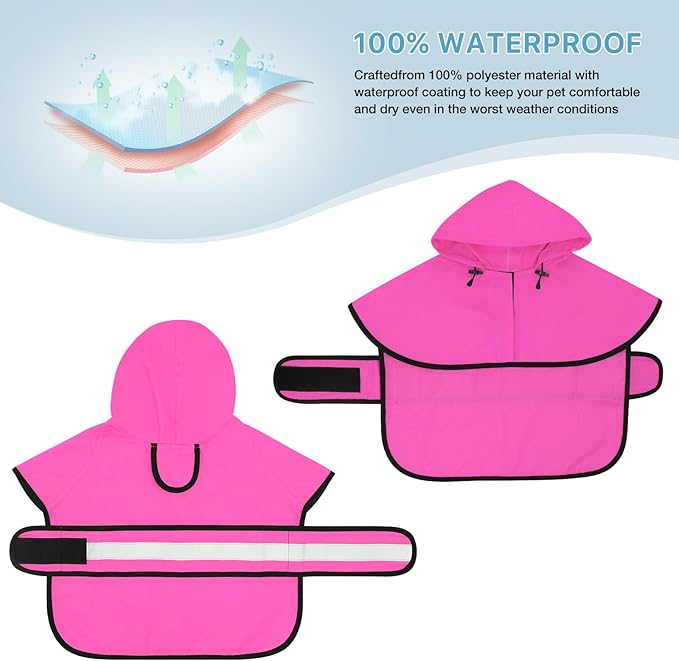 Fashion Hooded Dog Raincoat - Reflective Dog Rain Jacket Adjustable Puppy Raincoats Lightweight Pet Rain Coat for Small Dogs (Small, Pink)