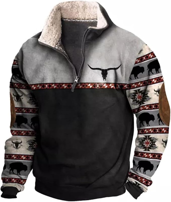HOTYD Western Jackets for Men Cowboy Sweatshirts Vintage Ethnic Graphic Casual Long Sleeve Top 1/4 Zip Pullover Hoodies