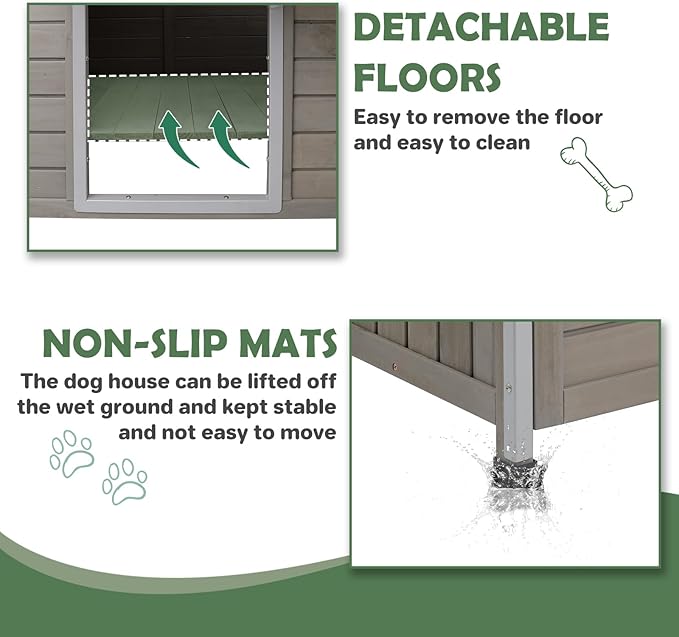 30''L Dog House Outdoor Indoor, Wooden Dog Houses with Waterproof Roof, Door Curtain, Anti-Chewing Frame, Elevated Doghouse Shelter Bed Kennel with Window, Removable Floor