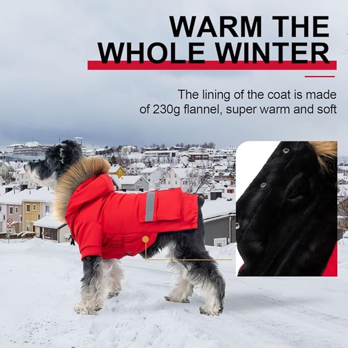PINA Small Dog Coats - Waterproof & Windproof Dog Jacket with Pocket, Warm Flannel Lining & Faux Fur Hood for Cold Weather