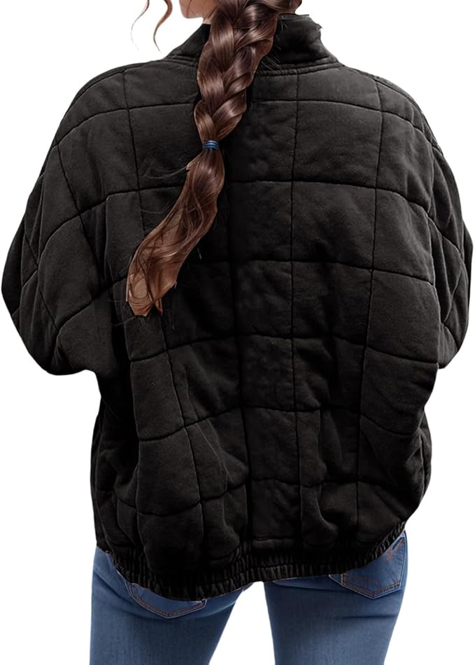 LIZALIG Warm Padded Coat for Women Full Zip Quilted Jackets Winter Oversized Causal Solid Color Stand Collar Pockets Coat