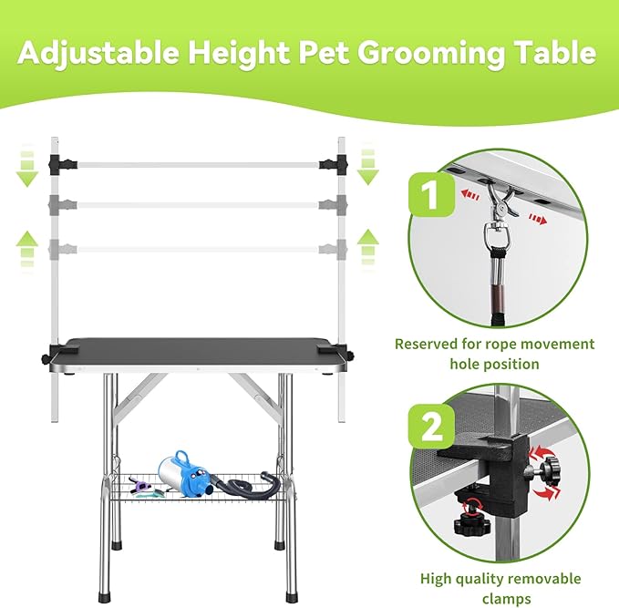 46" Large Dog Grooming Table, Non-Slip Tabletop with Adjustable Armrests, Lasso, Tool Organizer, Grid Tray, Foldable Home Pet Station, Maximum Weight Capacity 330 Ibs,Black