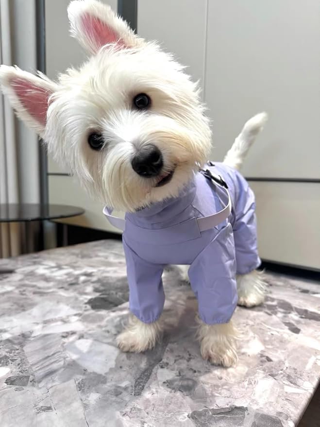 Mile High Life Waterproof Dog Raincoat, Full Coverage Small Dog Rain Coat with Harness, Adjustable 4 Legs Puppy Rain Jacket with Reflective Strip and Elastic Cuffs (Purple, M Back Length 14.6")