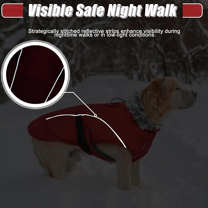 DENTRUN Dog Winter Coat - Windproof Reflective Jacket, Plush Turtleneck & Adjustable Belt, Water Repellent Fleece Lined Cold Weather Vest for Corgi Bulldog, Red, L
