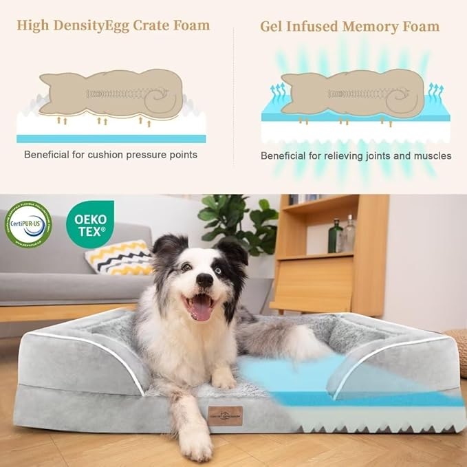 Comfort Expression Orthopedic Dog Bed for Extra Large Dogs 42x30 Inch, Waterproof Supportive Memory Foam XL Pet Bed with Removable Bolsters, Dog Couch with Washable Cover & Non-Slip Bottom, Light Grey
