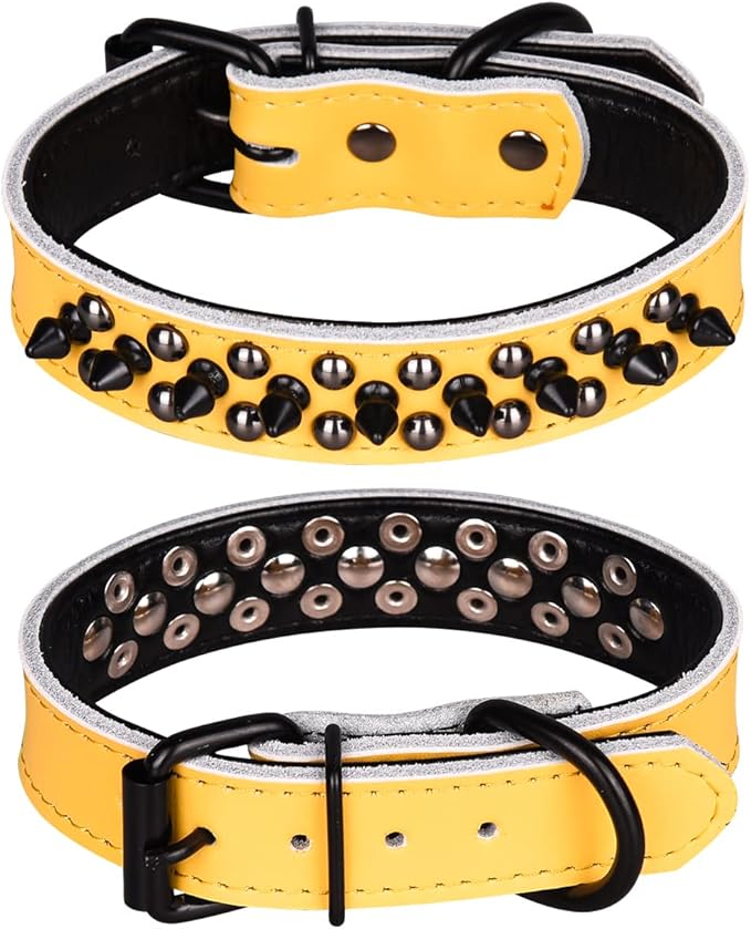 Adjustable Genuine Leather Spiked Studded Dog Collars for Small Medium Large Pets Like Pit Bull Bulldog Pugs Husky (L, Yellow1)